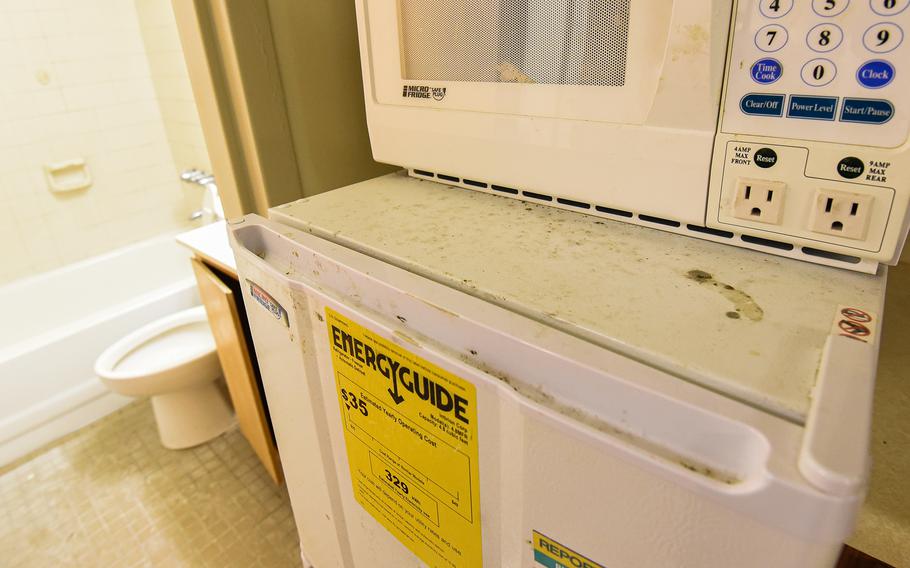 
Mold grows on a refrigerator in a barracks room in Fort Bragg’s Smoke Bomb Hill area, where Army leaders made the sudden decision recently to relocate almost 1,200 soldiers and shutter 17 barracks buildings.