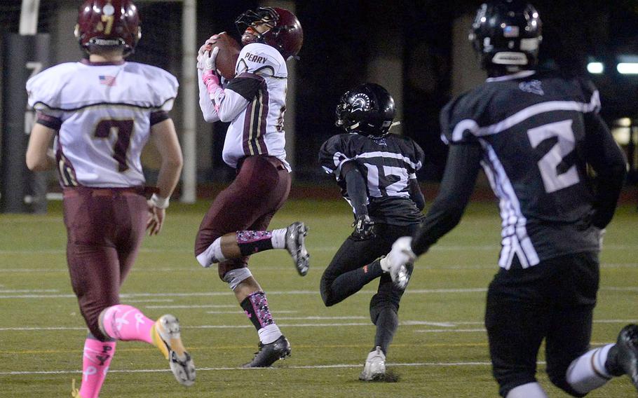 Matthew C. Perry receiver Shion Fleming hauls in his fourth TD catch.