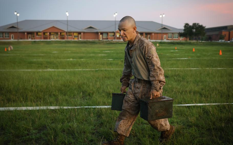 Nathaniel Laprade goes through the combat fitness test at Marine Corps Recruit Depot Parris Island, S.C., on Aug. 5, 2023. The 4-foot-7 Laprade handled the challenges of boot camp without difficulty, the Marine Corps said in a statement.