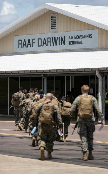 U.S. Marines arrive at RAAF Base Darwin in Australia's Northern Territory, March 16, 2023.