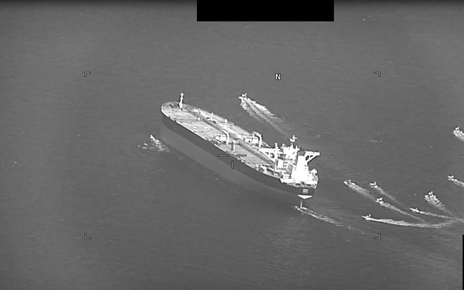 A screenshot of a video shows fast-attack craft from Iran’s Islamic Revolutionary Guard Corps navy swarming the Panama-flagged oil tanker Niovi as it transits the Strait of Hormuz, May 3, 2023, at 6:20 a.m. local time. The seizure follows a recent incident when Iran’s navy boarded the Marshall Islands-flagged supertanker Advantage Sweet in the Gulf of Oman, U.S. 5th Fleet officials said.