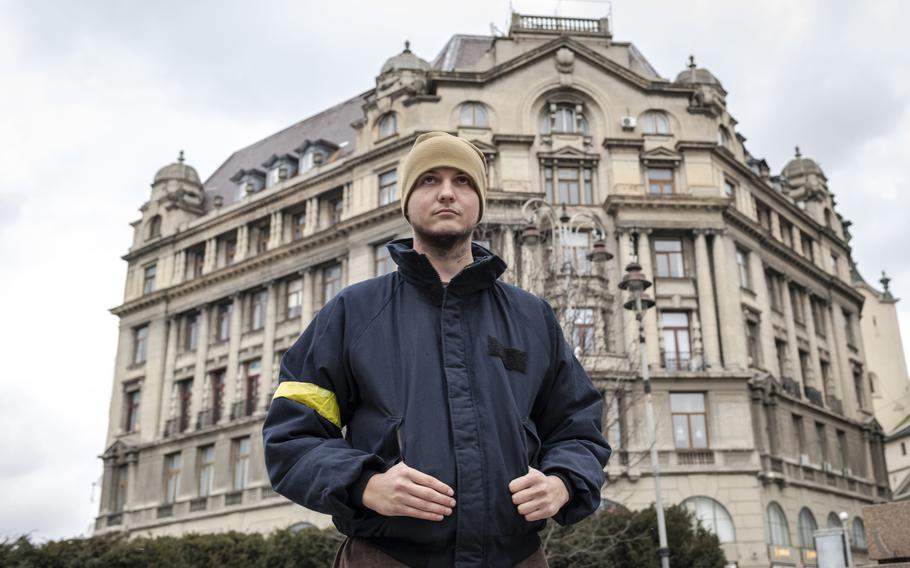 U.S. Navy veteran Lane Perkins stands in Lviv, Ukraine, on March 8, 2022. 