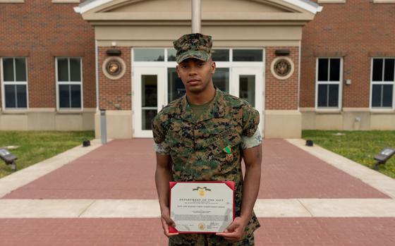 U.S. Marine Corps Lance Corporal Nicholas Dural, an infantry rifleman attending Marine Security Guard School at Marine Corps Embassy Security Group, poses for a photo after receiving the Navy and Marine Corps Achievement Medal for heroic acts performed while off-duty after an awards ceremony on Quantico, Virginia, April 6, 2023. Dural and two other Marines received the award after intervening during an altercation between civilians involving a knife. The Marines successfully deescalated the situation, recovered the weapon and restrained the perpetrators until the police arrived on scene. (U.S. Marine Corps photos by Cpl. Keegan Bailey) 