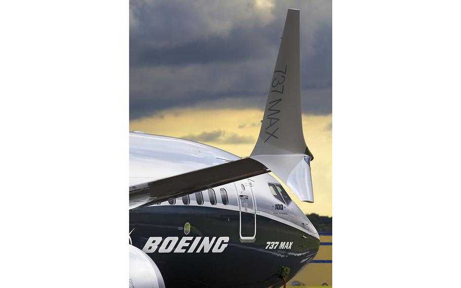 A Boeing 737 MAX is seen at the 2016 Farnborough Airshow.