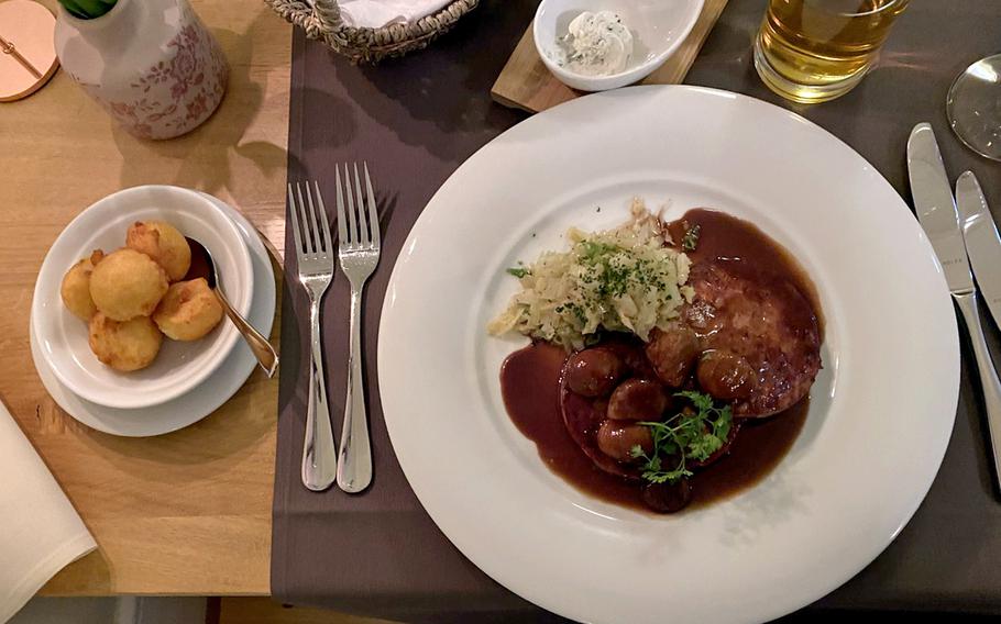 The saumagen with chestnuts, cabbage and croquettes is one of the regional delicacies offered by the Restaurant Orangerie in Kirchheimbolanden, Germany. The price is 17 euros.