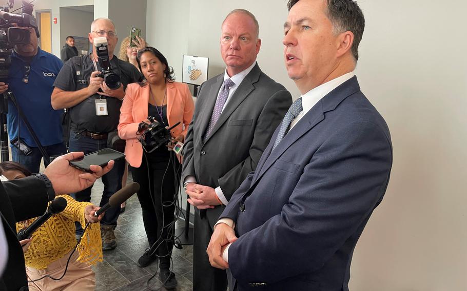Army Sgt. Daniel Perry’s attorneys Doug O’Connell, left, and Clint Broden address news reporters on May 10, 2023, after the soldier was sentenced in Austin, Texas, to 25 years in prison for murder.