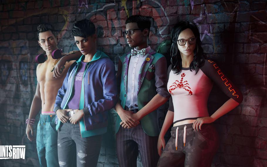 The crew that make up the Saints criminal syndicate: From left to right, fun-loving DJ Kevin, your player the Boss, brainy entrepreneur Eli and artistic mechanic Neenah. 