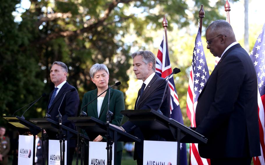 From left, Australian Defense Minister Richard Marles, Australian Foreign Minister Penny Wong, U.S. Secretary of State Antony Blinken and U.S. Secretary of Defense Lloyd Austin attend a news conference at Queensland Government House in Brisbane on Saturday, July 29, 2023. 