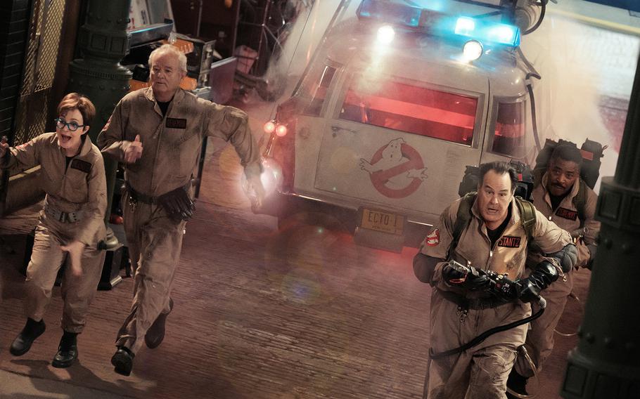 From left, Annie Potts, Bill Murray, Dan Aykroyd and Ernie Hudson return for “Ghostbusters: Frozen Empire.”