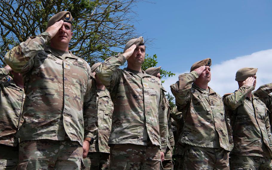 Soldiers with the 75th Ranger Regiment participate in a ceremony at Pointe du Hoc, in Normandy, France, Wednesday, June 5, 2024.