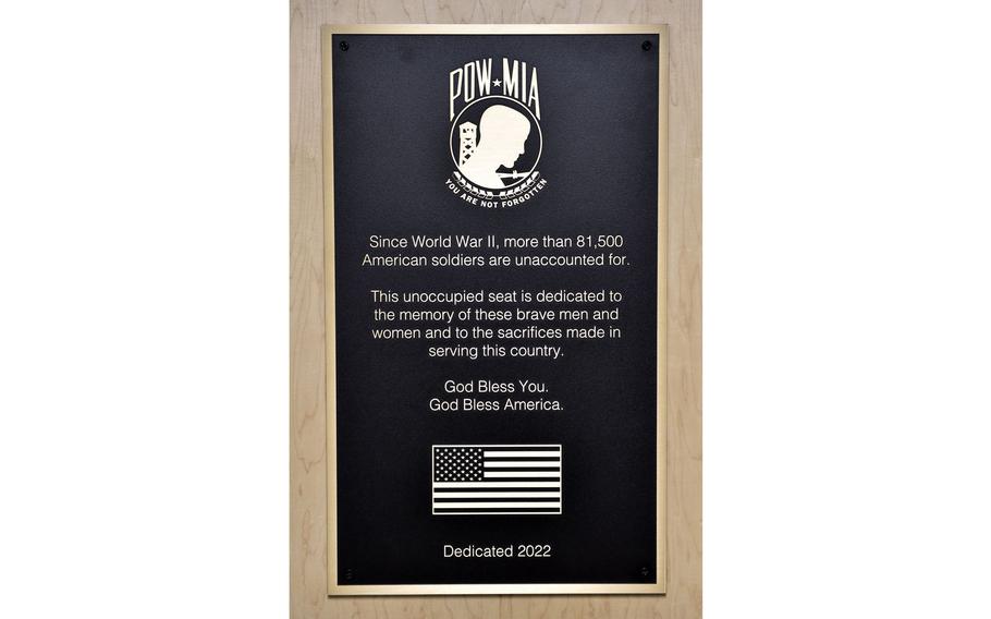The U.S. Postal Service’s Springfield Processing Facility unveiled and dedicated a new Veterans Memorial in their building during a ceremony on Thursday, Nov. 10, 2022.  This plaque hangs above a forever empty chair.  