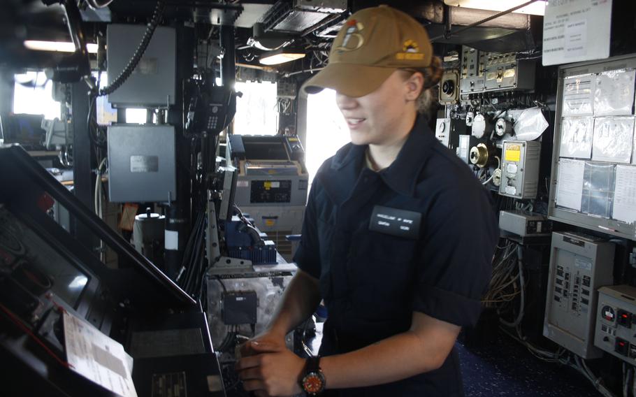 Seaman Madeline Rice-Demick has qualified as quartermaster of the watch and master helmsman on USS Bulkeley.