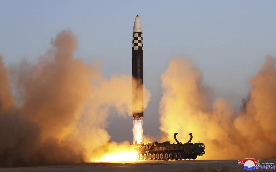 A photo from the North Korean government purports to show an intercontinental ballistic missile launched March 16, f2023, from  the Sunan international airport in Pyongyang, North Korea.