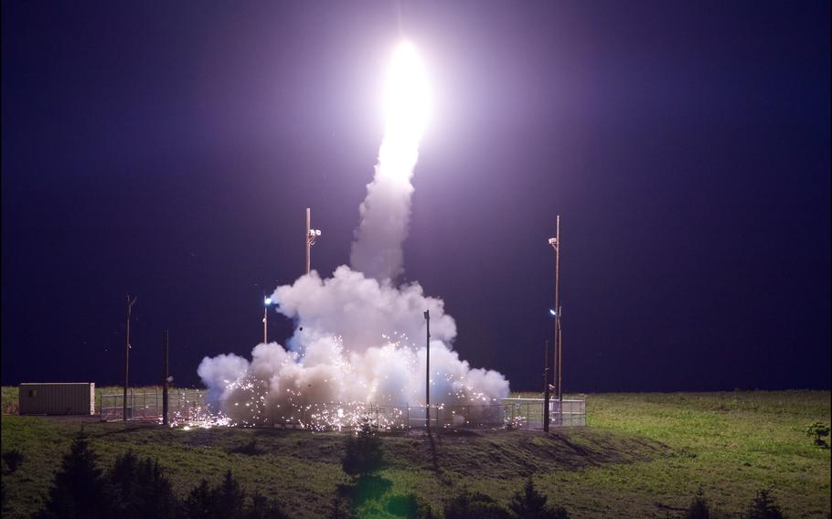 A Terminal High Altitude Area Defense interceptor is launched from Kodiak, Alaska, July 11, 2017. The THAAD system took down an air-launched intermediate-range ballistic missile during the test.