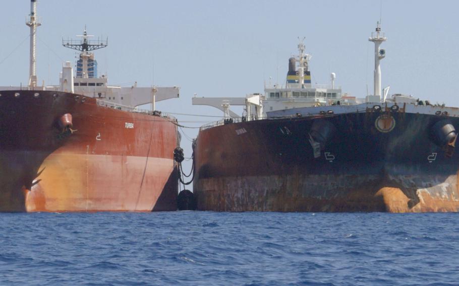 The Turba, left, and Simba tankers in the Laconian Gulf, Greece, on Sept. 19, 2023.