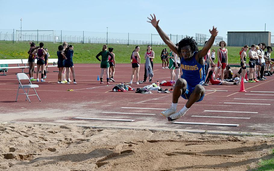 Zion Thompson, a junior at Wiesbaden, won both the boys long and triple jump competitions during the Ansbach Invitational track meet at Ansbach Middle High School, Germany, on Saturday, April 6, 2024. 