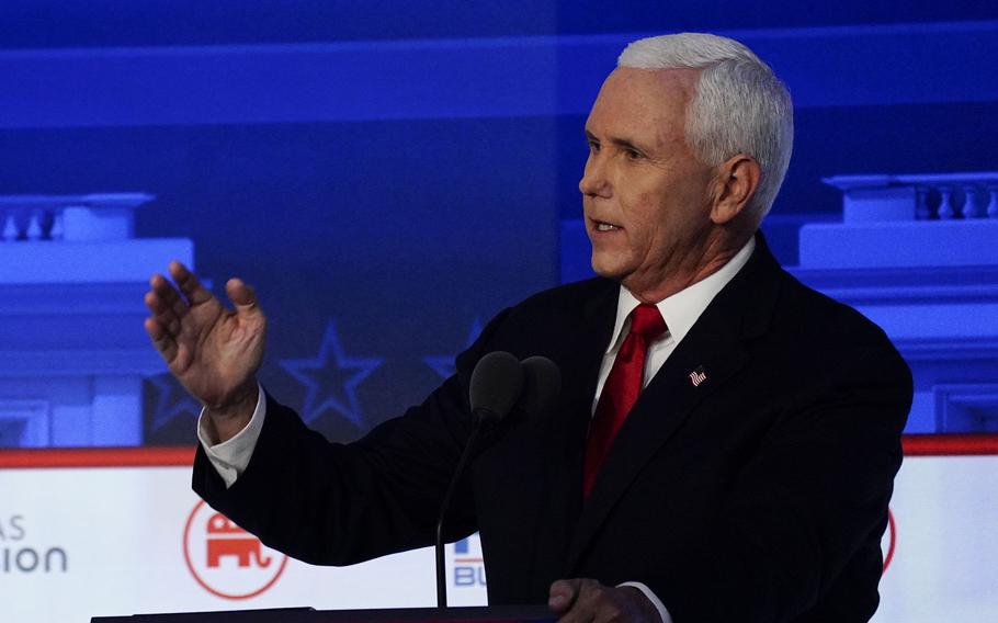 Mike Pence speaks during a Republican presidential primary debate at the Ronald Reagan Presidential Library in Simi Valley, California, on Sept. 27, 2023.