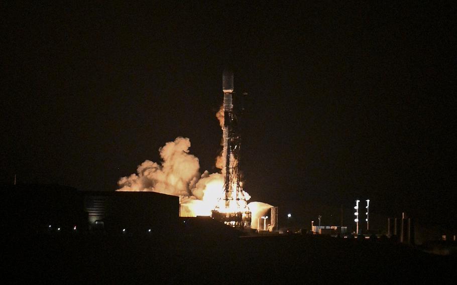 A SpaceX Falcon-9 rocket carrying a Starlink satellite launches from Space Launch Complex-4E at Vandenberg Space Force Base, Calif., in 2020. 