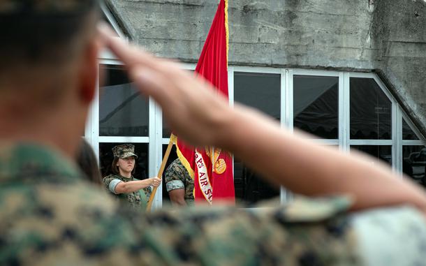 Marines take part in a rededication ceremony for the historic Zero Hangar at Marine Corps Air Station Iwakuni, Japan, June 11, 2025.
