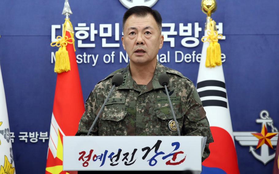 South Korean army Lt. Gen. Kang Hopil speaks to reporters at the Ministry of National Defense headquarters in Seoul, South Korea, Monday, Nov. 20, 2023. 
