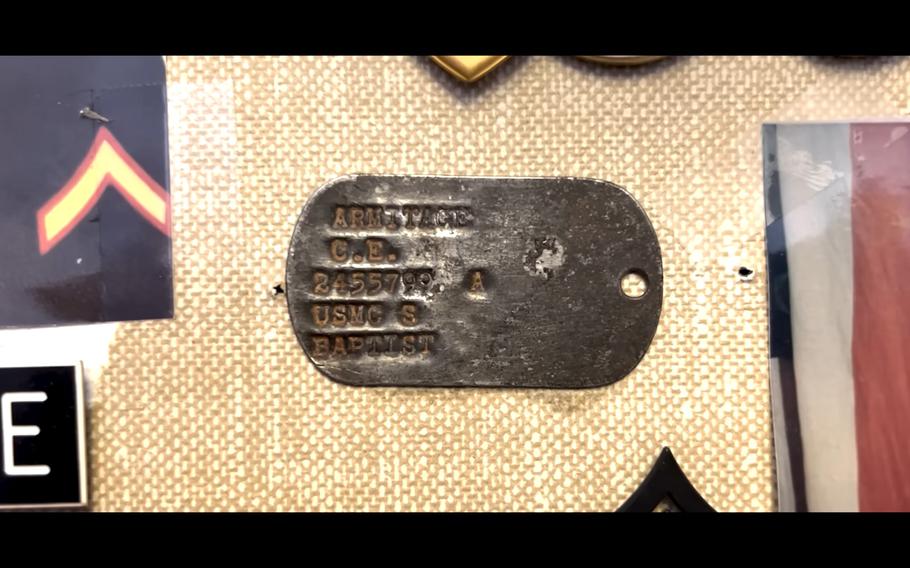 Charles Armitage, 72, served in the Marine Corps during the Vietnam War and was wounded in combat in 1968. His dog tags were removed, and about 30 years later, a stranger from California found one of them in Vietnam and returned it to the veteran. It now hangs in his home alongside other reminders of his military service.