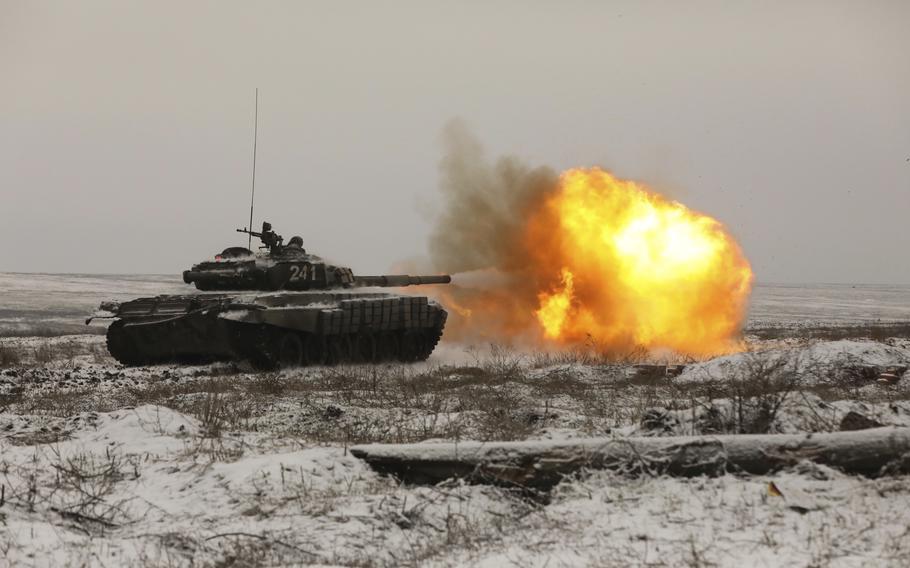 A Russian tank T-72B3 fires as troops take part in drills at the Kadamovskiy firing range in the Rostov region in southern Russia, on Jan. 12, 2022. The failure of last week’s high-stakes diplomatic meetings to resolve escalating tensions over Ukraine has put Russia, the United States and its European allies in uncharted post-Cold War territory.