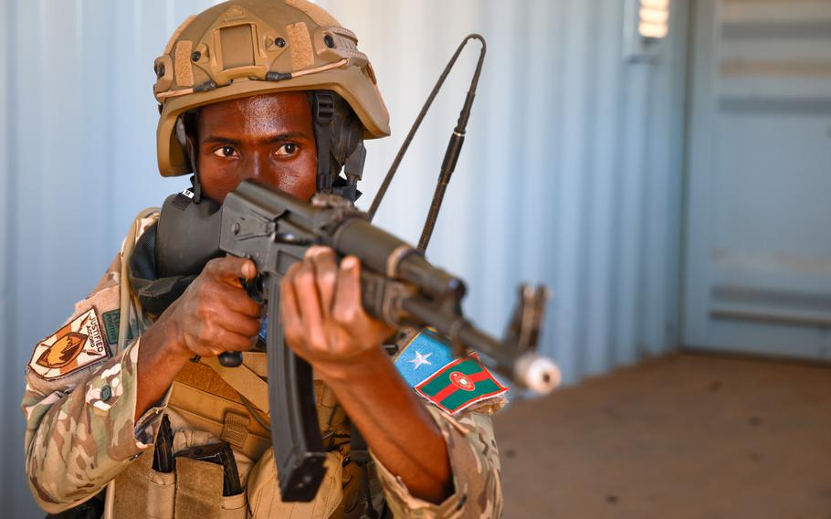 A Somalia Danab special operations soldier holds a rifle during an exercise.