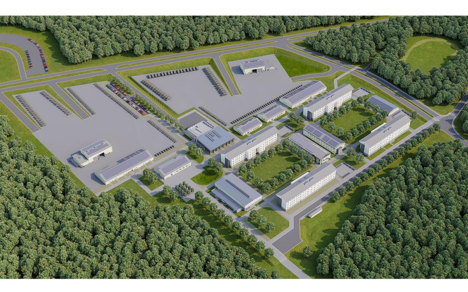 This rendering shows several buildings in the Operational Readiness Training Complex, which will be built at the Grafenwoehr Training Area in Germany. German and U.S. Army leaders celebrated the groundbreaking on the project Aug. 4, 2023.