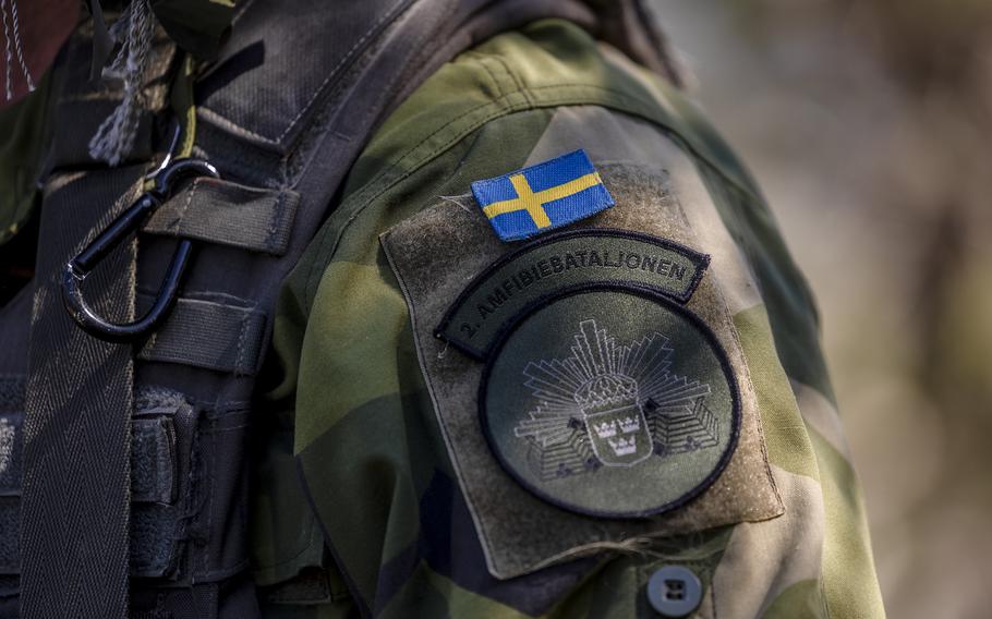 The patch of a Swedish Amphibious Battalion soldier is shown during the Baltic Operations NATO military drills on June 11, 2022, in the Stockholm archipelago, the 30,000 islands, islets and rocks off Sweden’s eastern coastline.
