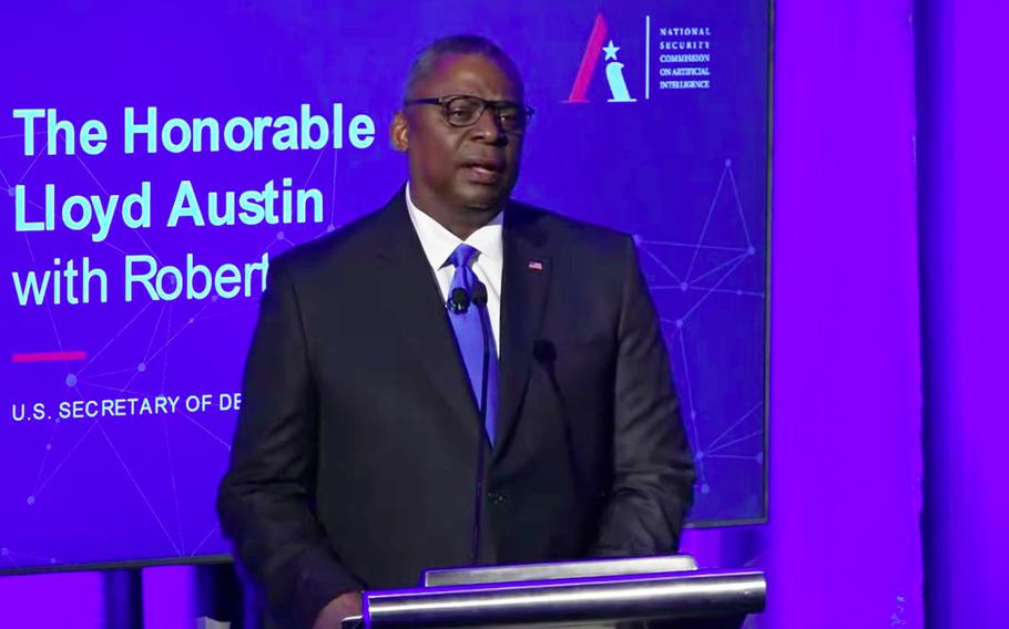 Defense Secretary Lloyd Austin addresses the National Security Commission on Artificial Intelligence at its summit on global emerging technology on July 13, 2021, in Washington, D.C. 