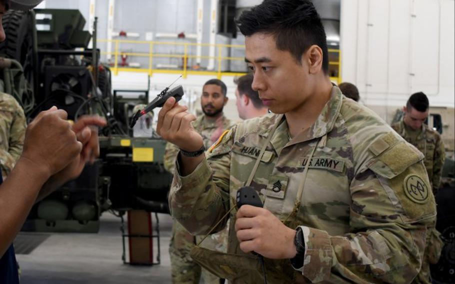 Staff Sgt. Andy holds a soldier-borne sensor drone at Fort Drum, N.Y., June 27, 2024.