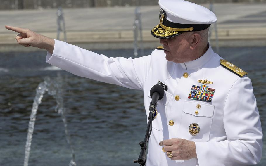 Vice Chairman of the Joint Chiefs of Staff Adm. Christopher Grady singles out the veterans on hand for the 20th anniversary celebration of the National World War II Memorial in Washington, D.C., May 25, 2024.