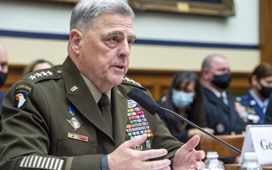 Army Gen. Mark Milley, chairman of the Joint Chiefs of Staff, testifies before the House Armed Services Committee on the conclusion of military operations in Afghanistan and plans for future counterterrorism operations on Wednesday, Sept. 29, 2021, on Capitol Hill in Washington. 