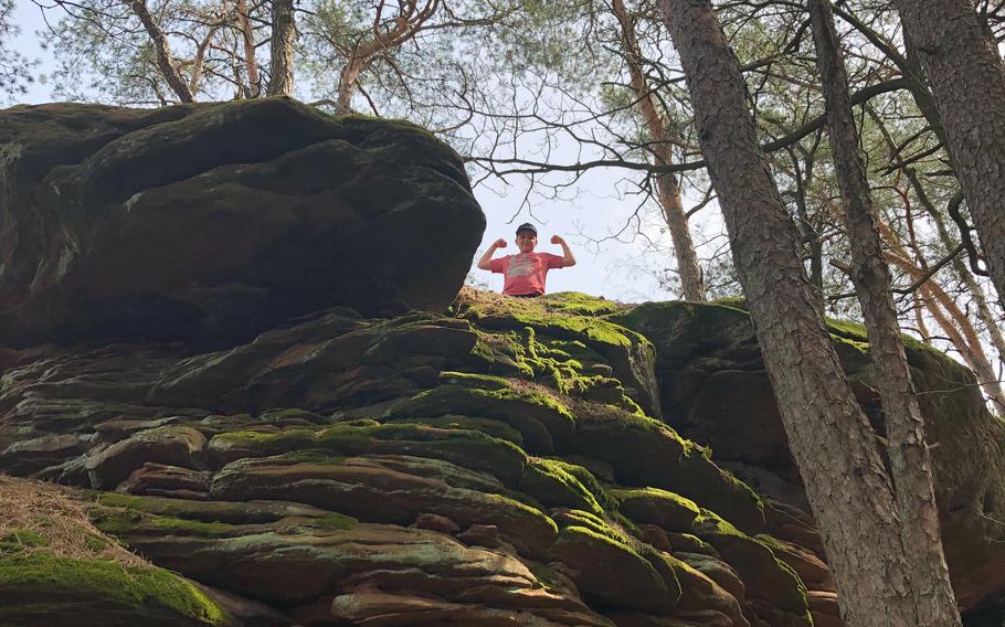 Many of the towering rock formations on the Dimbacher Buntsandstein high path near Dimbach, Germany, can be scaled by kids.