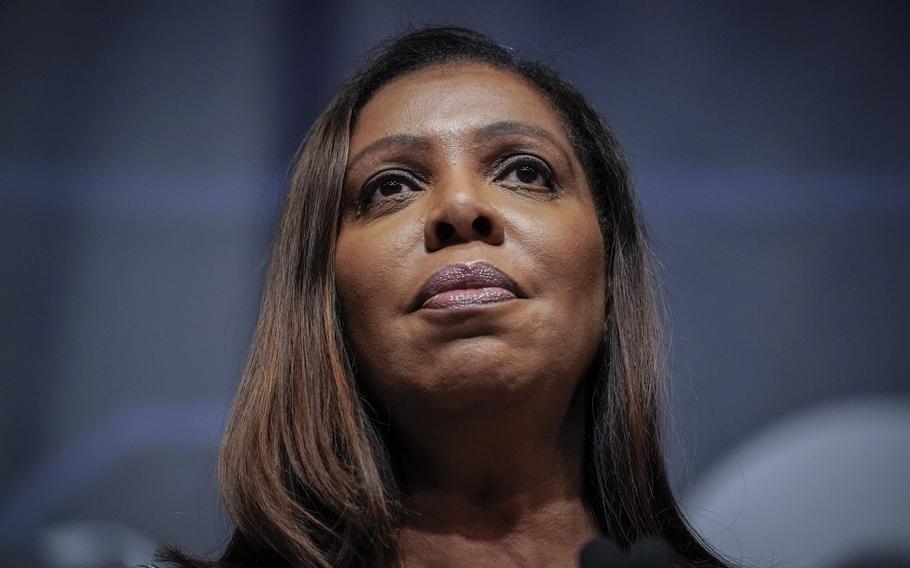 FILE - New York State Attorney General Letitia James speaks during the New York State Democratic Convention on Feb. 17, 2022, in New York. New York’s attorney general sued former President Donald Trump and his company on Wednesday, Sept. 21, 2022, alleging business fraud involving some of their most prized assets, including properties in Manhattan, Chicago and Washington, D.C. (AP Photo/Seth Wenig, File)