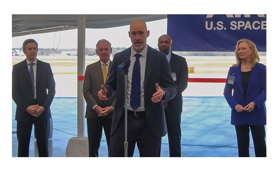 Rob Geckle, chairman and CEO of Airbus U.S. Space & Defense, speaks during a ribbon-cutting ceremony for a new hangar at Airbus’ U.S. Military Aircraft facility in west Mobile on Wednesday, March 6, 2024. Behind him are, from left, Jose-Antonio De La Fuente, head of Airbus U.S. Military Aircraft; Bradley Byrne, president and CEO of the Mobile Chamber; Chris Curry, president of the Mobile Airport Authority; and Mobile City Council member Gina Gregory.