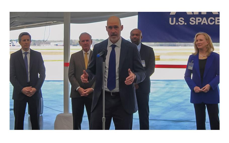 Rob Geckle, chairman and CEO of Airbus U.S. Space & Defense, speaks during a ceremony for a new hangar at Airbus’ U.S. Military Aircraft facility in west Mobile on Wednesday, March 6, 2024. Behind him are, from left, Jose-Antonio De La Fuente, head of Airbus U.S. Military Aircraft; Bradley Byrne, president and CEO of the Mobile Chamber; Chris Curry, president of the Mobile Airport Authority; and Mobile City Council member Gina Gregory.