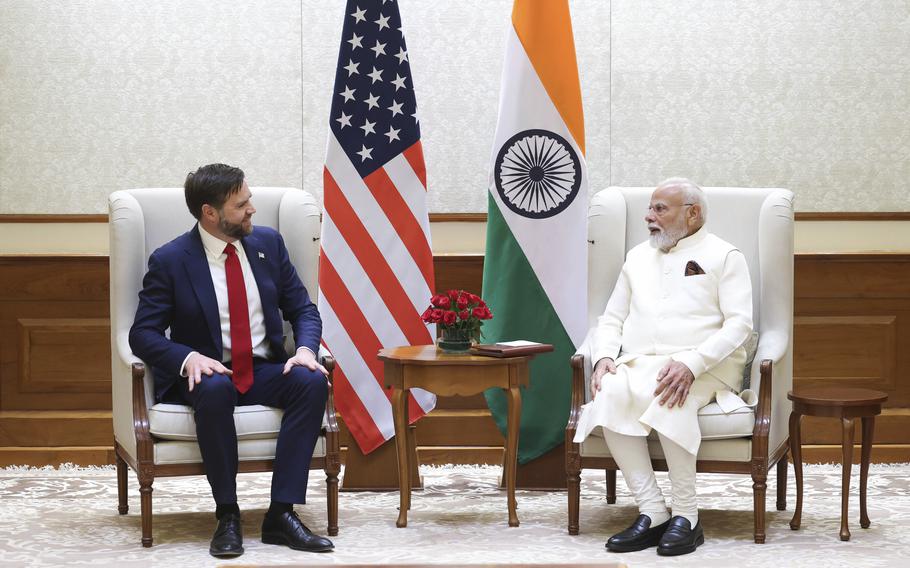 U.S. Vice President JD Vance talks with Indian Prime Minister Narendra Modi