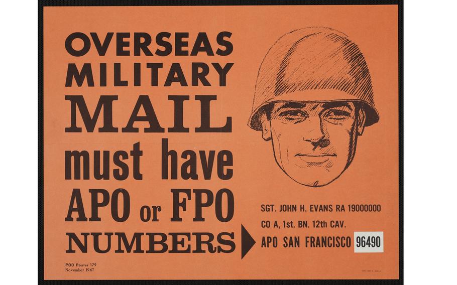 A poster that says “Overseas military mail must have APO or FPO numbers.”