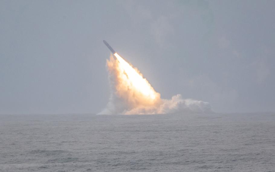 An unarmed Trident II D5 launches from the Ohio-class ballistic missile submarine USS Louisiana from waters near San Diego, Sept. 27, 2023.