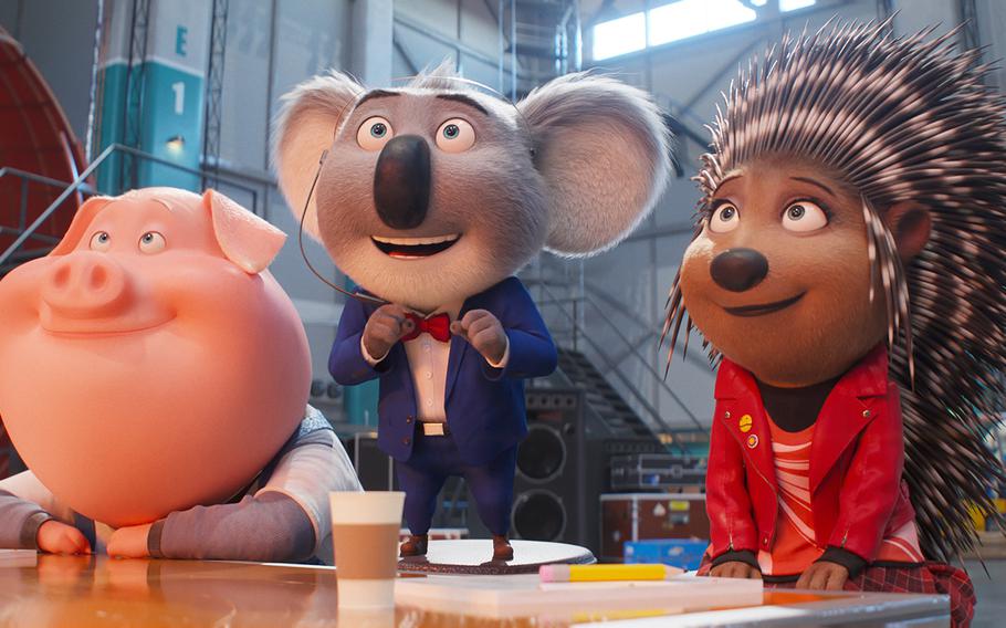 From left: Nick Kroll, Matthew McConaughey and Scarlett Johansson voice characters in “Sing 2,” now playing in select theaters on base.