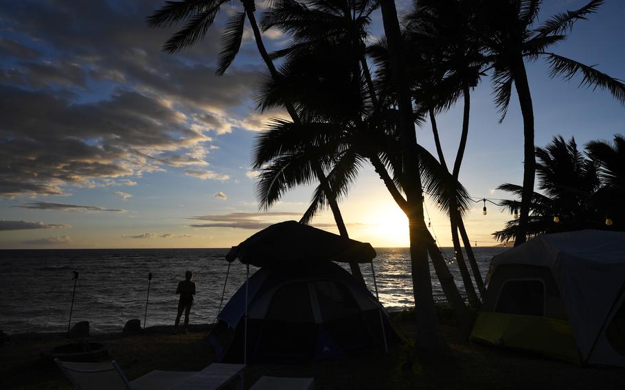 A view of tents set up last week near Paul Romero’s home in Kihei, Hawaii, for people displaced by wildfires.
