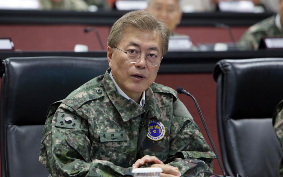 South Korean President Moon Jae-in speaks at Yongsan Garrison in Seoul, South Korea, June 13, 2017. 