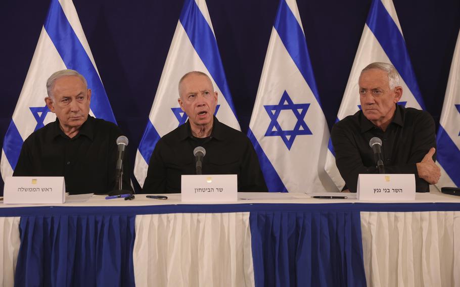 From left, Israeli Prime Minister Benjamin Netanyahu, Defense Minister Yoav Gallant and Cabinet Minister Benny Gantz.