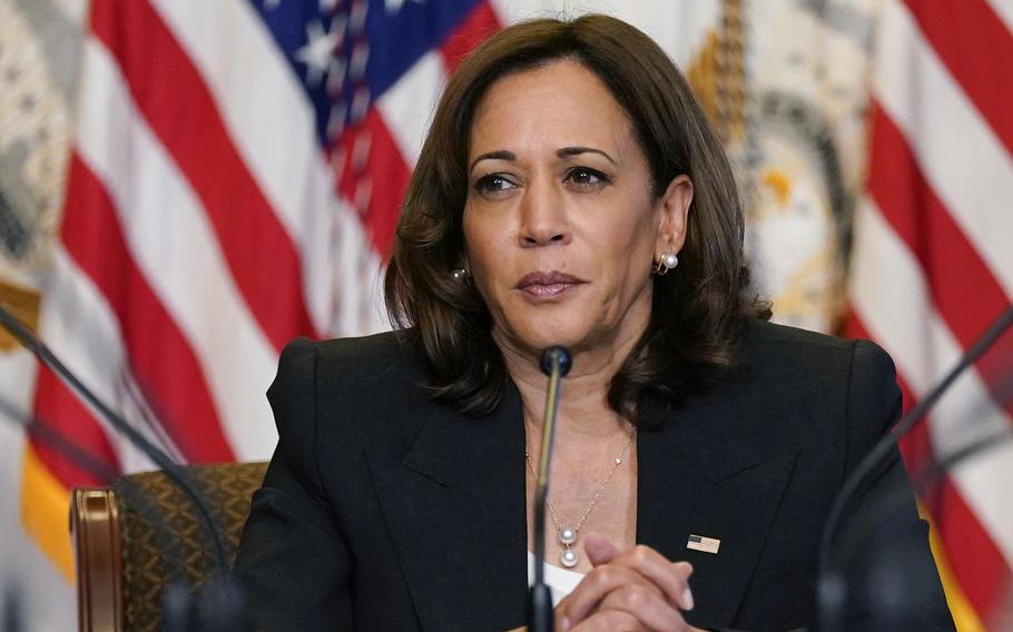 Vice President Kamala Harris listens during a meeting with civil rights and reproductive rights leaders in the Diplomatic Reception Room on the White House complex in Washington, Sept. 12, 2022. Two buses of migrants from the U.S.-Mexico border were dropped off near Harris’ home in residential Washington on Thursday, Sept. 15, 2022. 
