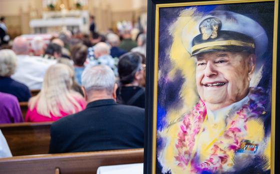 240423-N-YS140-1016

Grass Valley, Calif., (April 23, 2024) A painting of retired Lt. Cmdr. Louis (Lou) Conter is displayed during his memorial service at the St. Patrick Catholic Church. Conter was 102 when he passed away peacefully in his home. In addition to being the last living USS Arizona survivor, Conter also flew more than 200 missions in the South Pacific and survived being shot down twice. (U.S. Navy photo by Chief Mass Communication Specialist John Pearl)