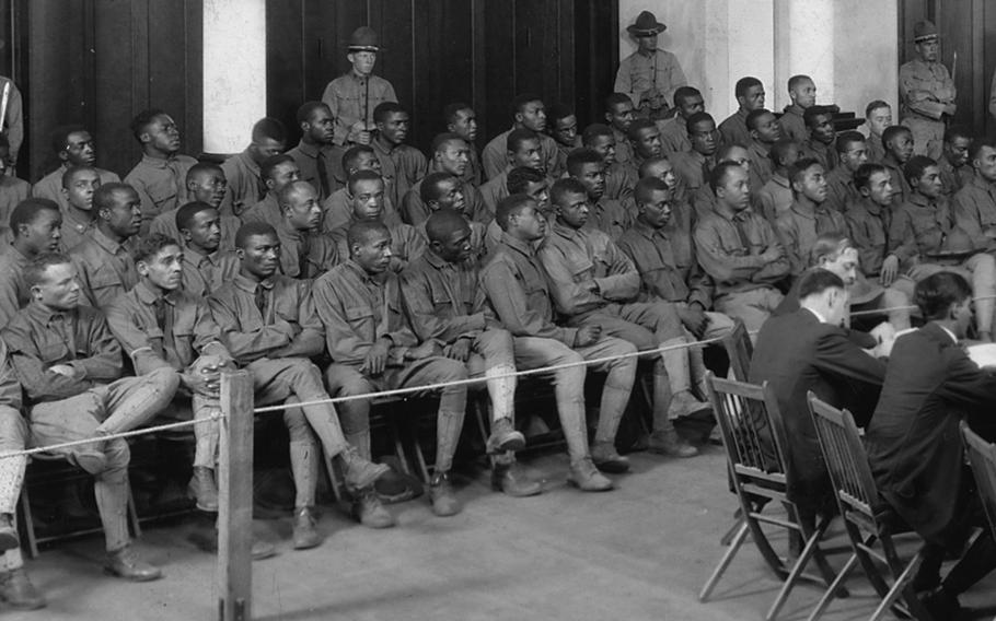 Defendants on trial during the first court-martial at Fort Sam Houston, Texas, in November 1917. Following the Houston Riots of 1917, 63 soldiers were tried during one court-martial, the largest in U.S. military history. Two more trials followed and 19 men were hanged for mutiny. 
