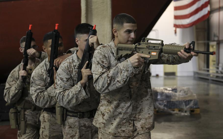 U.S. Marines assigned to Fleet Anti-terrorism Security Team Company Central stack up during close-quarters training in Bahrain, July 3, 2023. U.S. Southern Command said Wednesday, March 13, 2024, that it had deployed a Marine Fleet-Anti-terrorism Security Team “to maintain strong security capabilities” at the Embassy in Port-au-Prince and “conduct relief in place for our current Marines” at the request of the State Department.