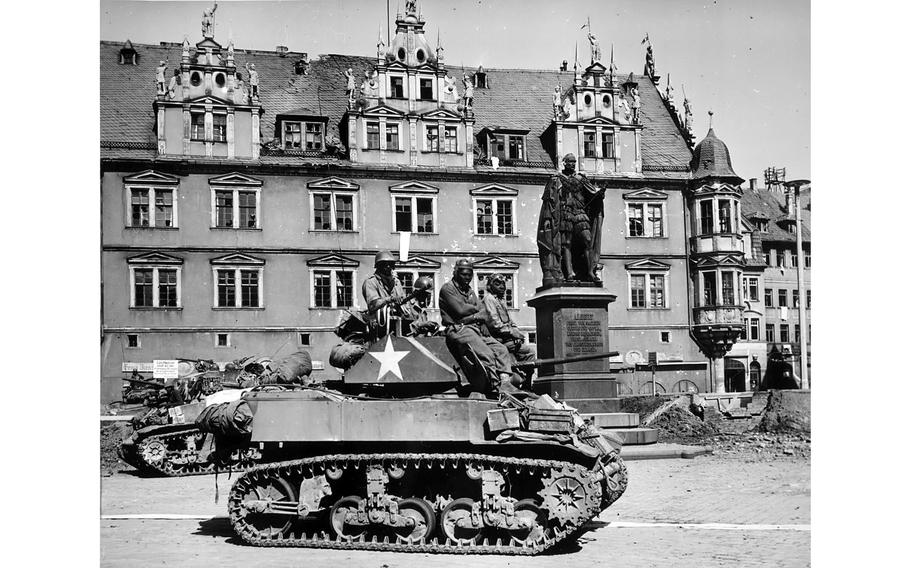 Members of the 761st Tank Battalion are seen in Coburg, Germany, in April 1945. The Black separate tank battalion, known as the Black Panthers, served in combat during World War II for 183 consecutive days.