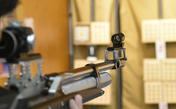 Wiesbaden's Ben Garcia is taking aim at his targets during a Marksmanship meet in Wiesbaden on 29 Jan. 